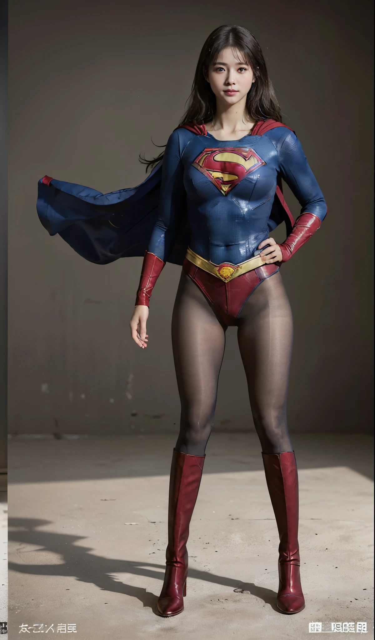 No background、(((Beautiful legs in black tights.)))、(((Legally express the beauty of your smile)))、((((Make the most of your original images)))、(((Supergirl Costume)))、(((Beautiful Hairstyles)))、(((suffering)))、(((Please wear black tights....、Wear red boots)))、((Best image quality、8k))、((highest quality、8k、masterpiece:1.3))、(((Preserve background )))、Sharp focus:1.2、Beautiful woman with perfect figure:1.4、Slim Abs:1.2、Wet body:1.5、Highly detailed face and skin texture、8k