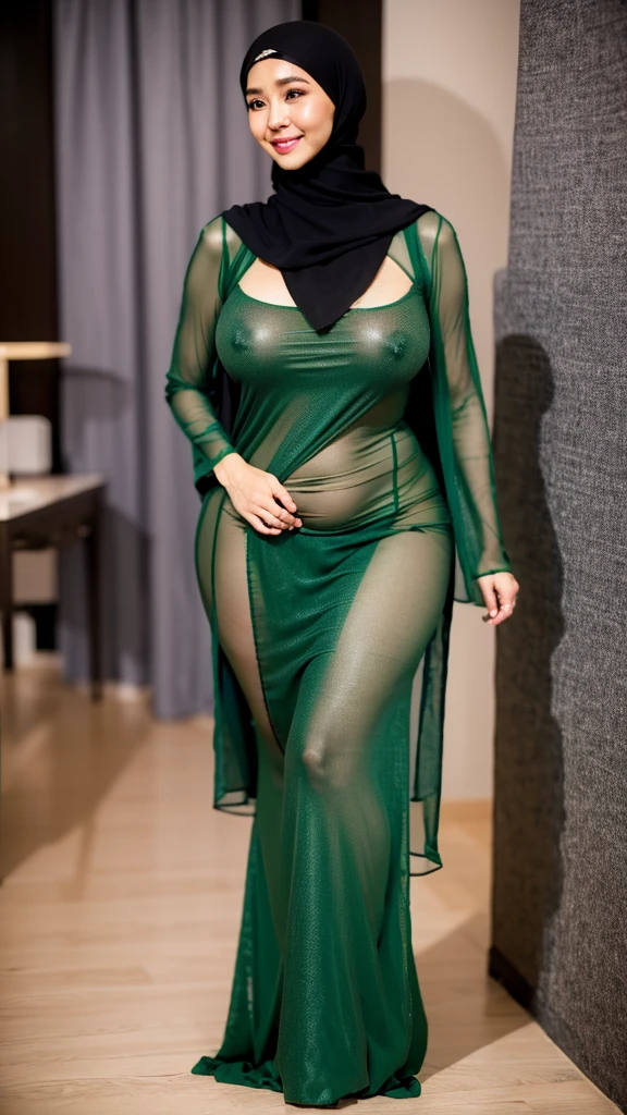 30ears Old, Hijab Beautiful mira Mature woman, female Manager, Wearing greenTransparent wet Tight Gamis, Droopiest Gigantic Saggy Mature : 26.9, curvy body, proporsional mature body, full body, seductive pose, Very Dark Light, NightTime, musk