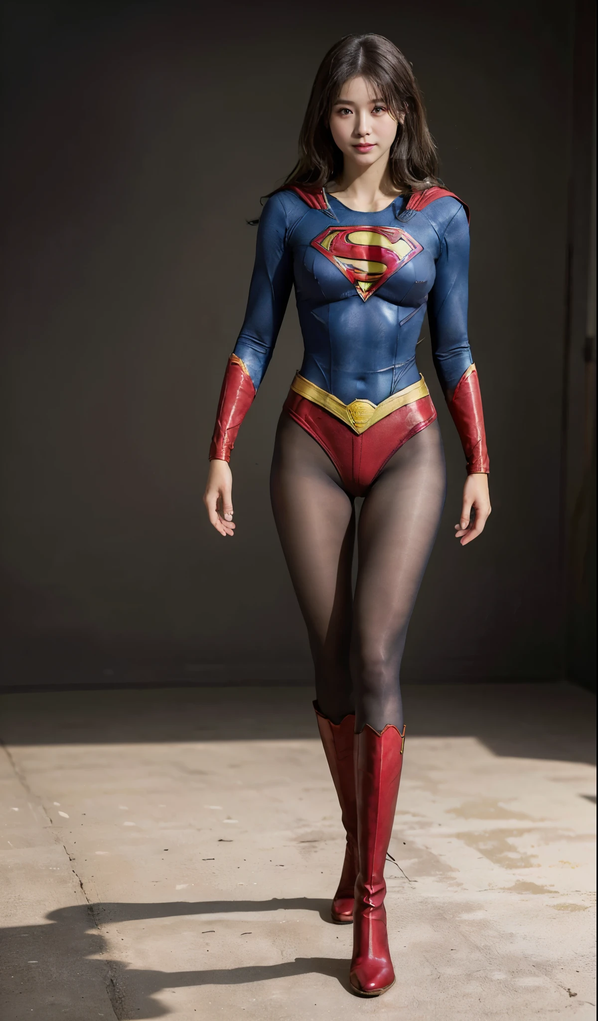 No background、(((Beautiful legs in black tights.)))、(((Legally express the beauty of your smile)))、((((Make the most of your original images)))、(((Supergirl Costume)))、(((Beautiful Hairstyles)))、(((suffering)))、(((Please wear black tights....、Wear red boots)))、((Best image quality、8k))、((highest quality、8k、masterpiece:1.3))、(((Preserve background )))、Sharp focus:1.2、Beautiful woman with perfect figure:1.4、Slim Abs:1.2、Wet body:1.5、Highly detailed face and skin texture、8k
