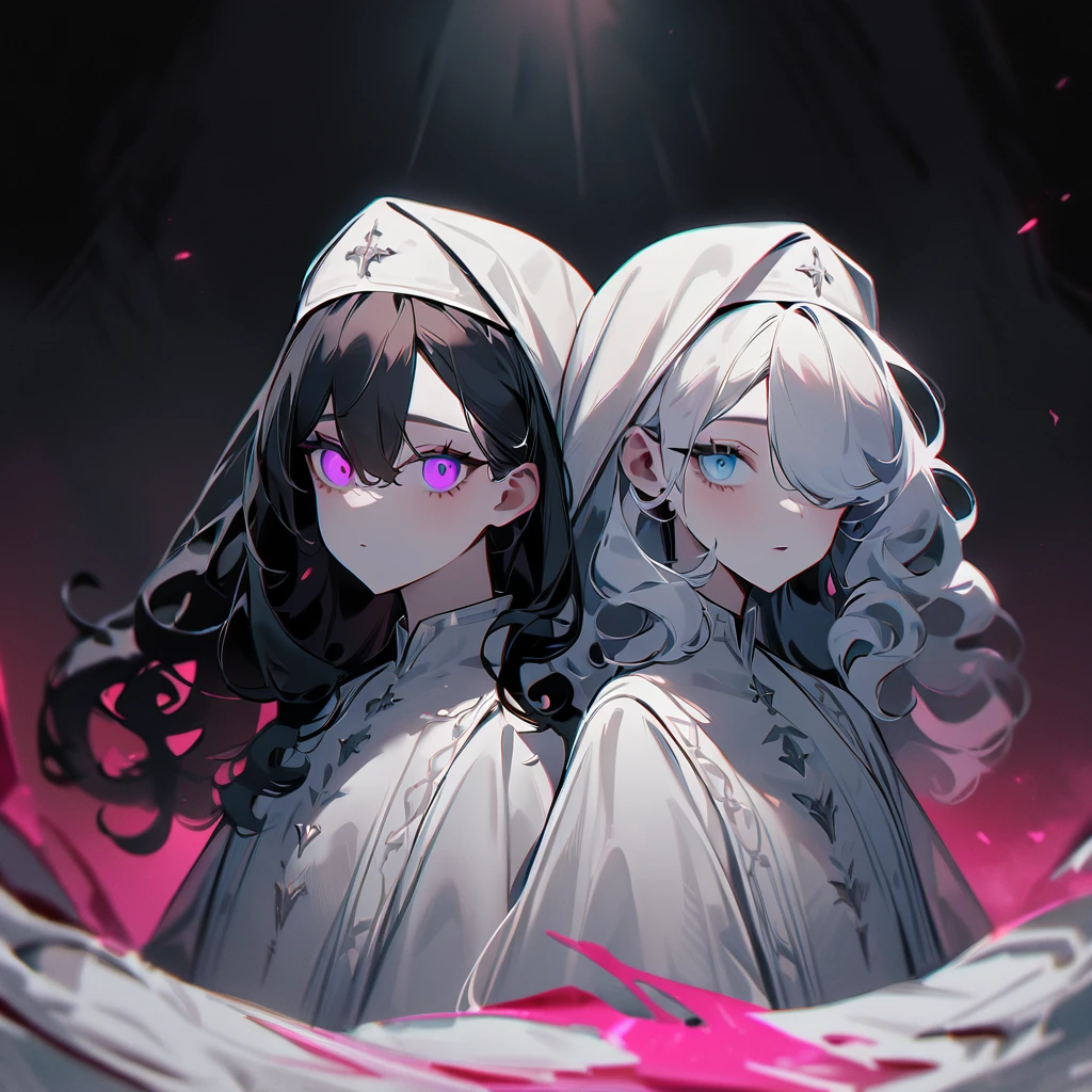 Two Girls,duo,Portraiture,pale colour,masterpiece,highest quality,so beautiful,Absurd,Alternative color,chromatic aberration,Inner hair color, High Contrast, Marble Eyes,human,habit,body,encouragement, Dark,Hair on one eye,Hair between the eyes,Kneel,Darkness and light,Curly Hair