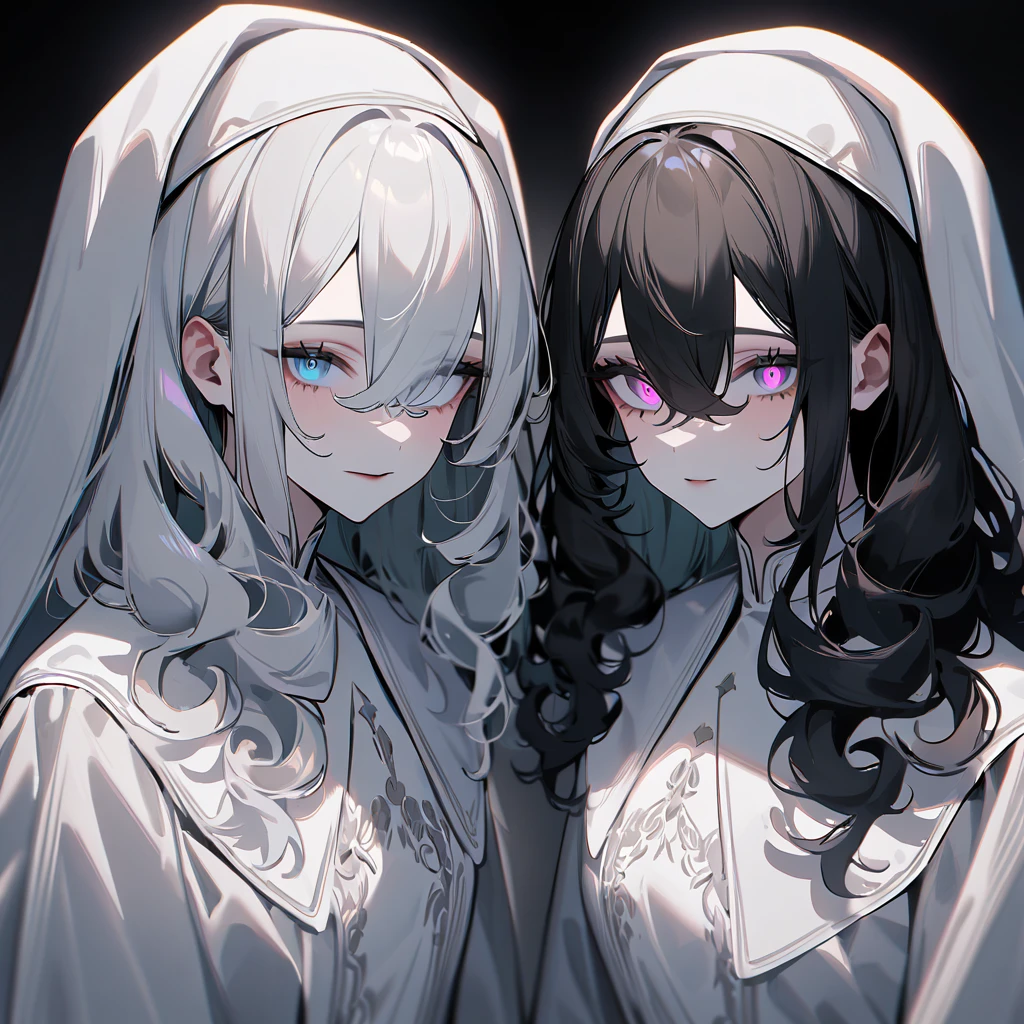 Two Girls,duo,Portraiture,pale colour,masterpiece,highest quality,so beautiful,Absurd,Alternative color,chromatic aberration,Inner hair color, High Contrast, Marble Eyes,human,habit,body,encouragement, Dark,Hair on one eye,Hair between the eyes,Kneel,Darkness and light,Curly Hair