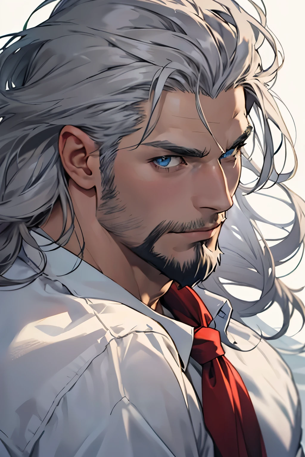 Viking-liked, Respectable, middle-aged, wrinkle, long grey hair, grey beard, blue eyes, handsome man, strong, brave, white shirt, anime style