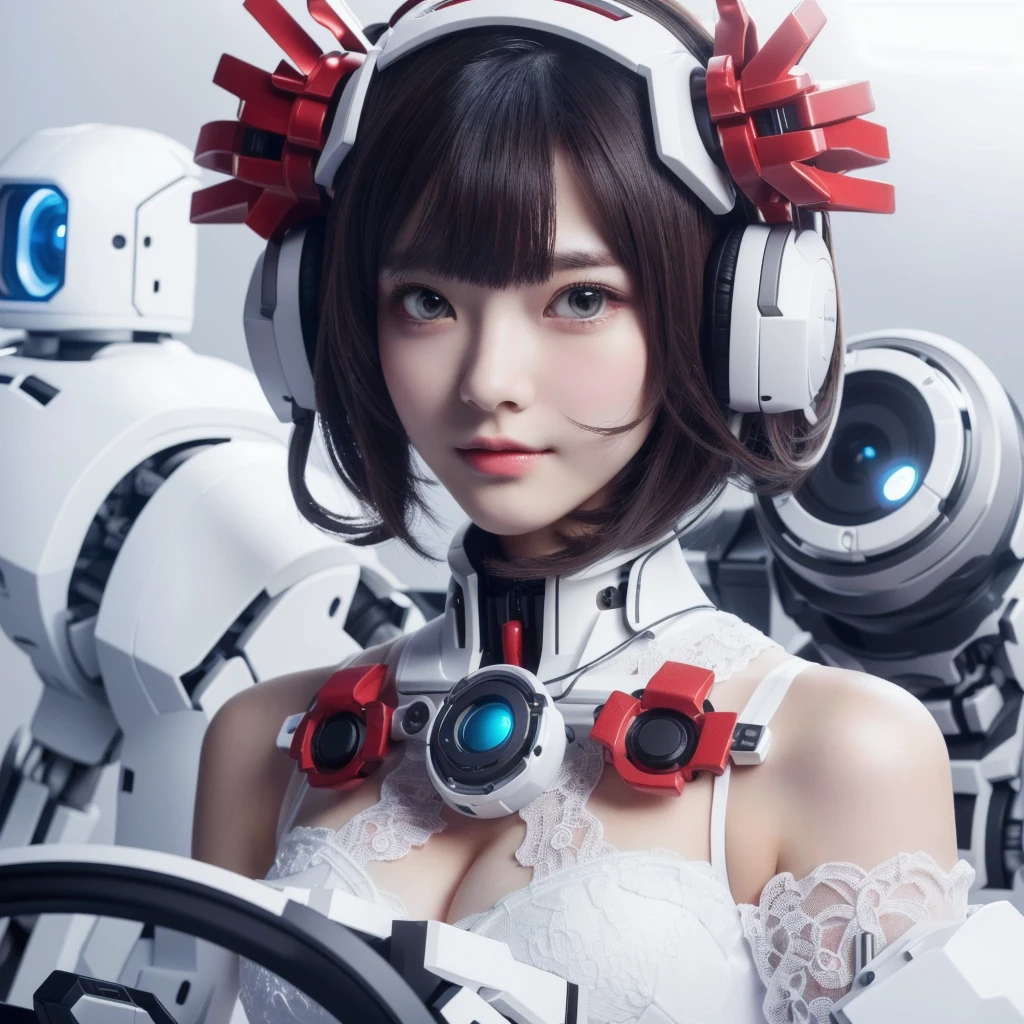 girl with headphones and a camera in a white dress, perfect android girl, cute cyborg girl, A mix of robots and organics, Porcelain Cyborg, Gweiz-style artwork, beutiful girl cyborg, Perfect cyborg woman, completely robot!! girl, robot girl, cyborg girl, 8k、RAW Photos、highest quality、Real、Photorealistic、Professional Lighting、mix4、20d、Beautiful age Woman、1 female、Big beautiful eyes、Larger breasts、White bra top