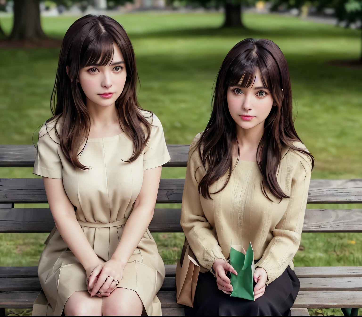 2lady, Sit on it (Bench end), (Office staff outfit) fashionable, Mature female, /(Brown hair/) Bangs, (Looking at the phone), (Masterpiece Best Quality:1.2) Exquisite illustrations with rich details, large breasts rest /(Black Hair/) Bangs, (Staring into the distance) rest ((Simple paper bag:1.2) Sitting in the middle of the bench) rest (Ordinary city park) outdoor, (green landscape), noon, Detailed background