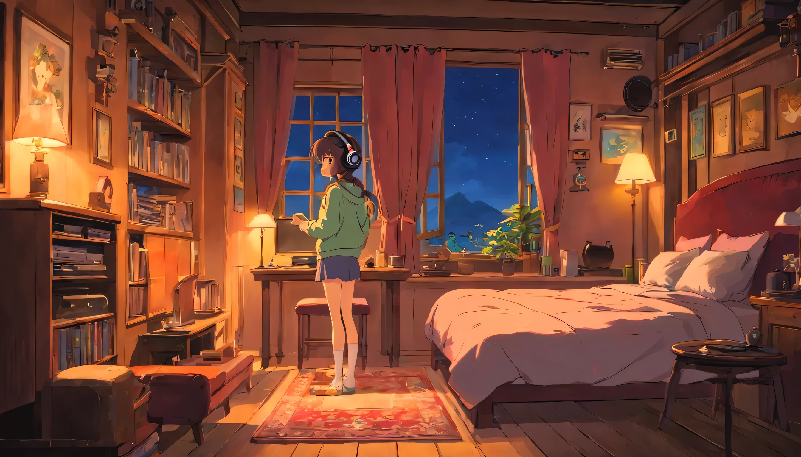 ( High quality 2D animation) night、Girl listening to music in a cozy room, Use headphones, Estilo Anime 2D, I will fix it, hard disk, Half dark, Sexy Girls.