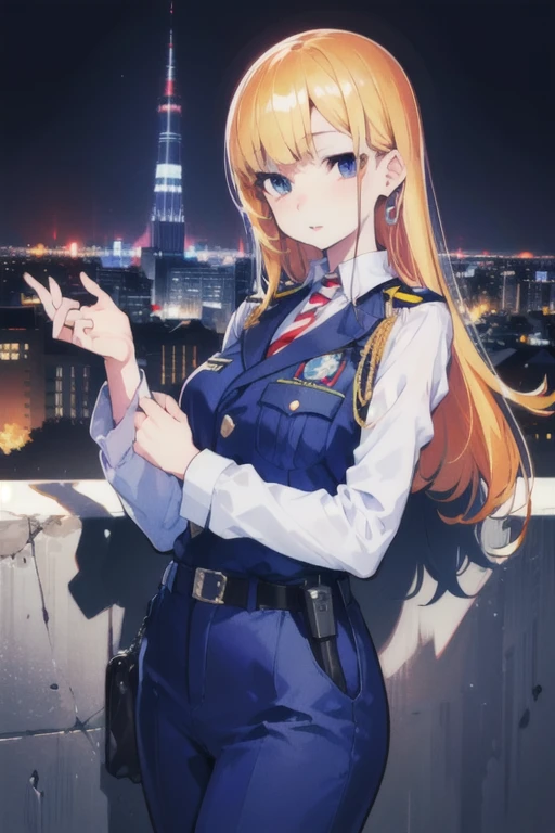 alone, (Police uniform, Female police officer), stockings, City lights, (Looking at the audience: 1.3), Release your lips, Red lips, Shiny skin, Skin dents, highest quality, Ultra-high resolution, (realism: 1.4),  