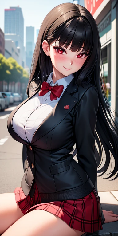 ((masterpiece, best quality, highres, UHD, perfect pixel, depth of field)), (smooth CG, photorealistic:1.1, realistic texture, detailed face), Rio, 1girl, large breasts, seductive, busty, smile, black hair, long hair, blunt bangs, (red eyes, beautiful pupils), (school uniform, cardigan, red bowtie, plaid skirt, tight skirt, miniskirt,black jacket, open jacket), street view, dynamic pose, from below, pov, look at viewer, blushing, sitting, (wide hips)