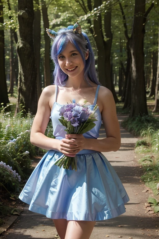 blue unicorn woman, small skirt, mocking smile, holding a bouquet of flowers in one hand, full body, facing the camera in an enchanting forest