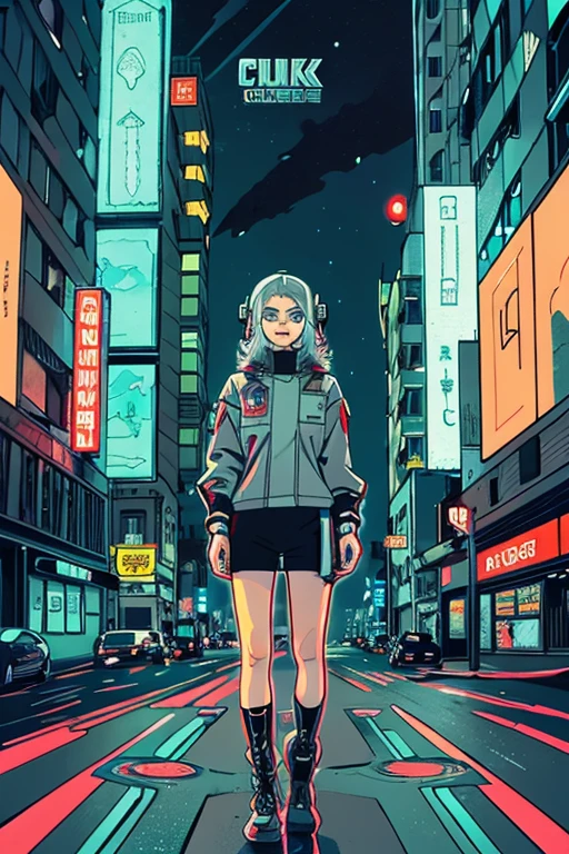 2D illustration of a Russian girl in her early 20s with curly ash-gray hair, wearing cyberpunk gear from head to toe. The background is a corner of a futuristic city.