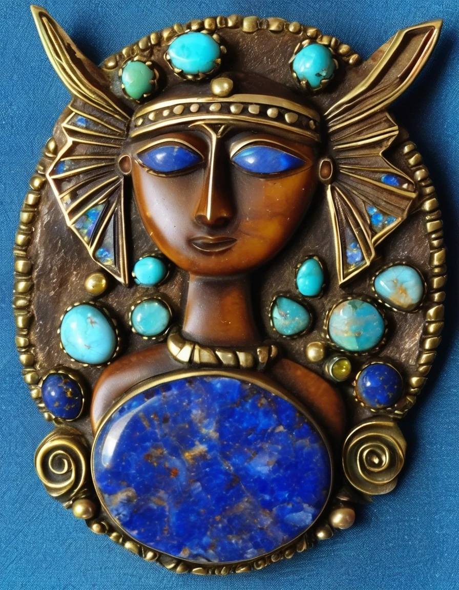 Indian Abstract Ring Design,Little man playing the flute,Indian totem:Kokopelli the Rain God,The main stone is an irregular brown and blue petrified opal,Indian elements,The matching stones are small amounts of lapis lazuli and turquoise,Clams,bead,gem