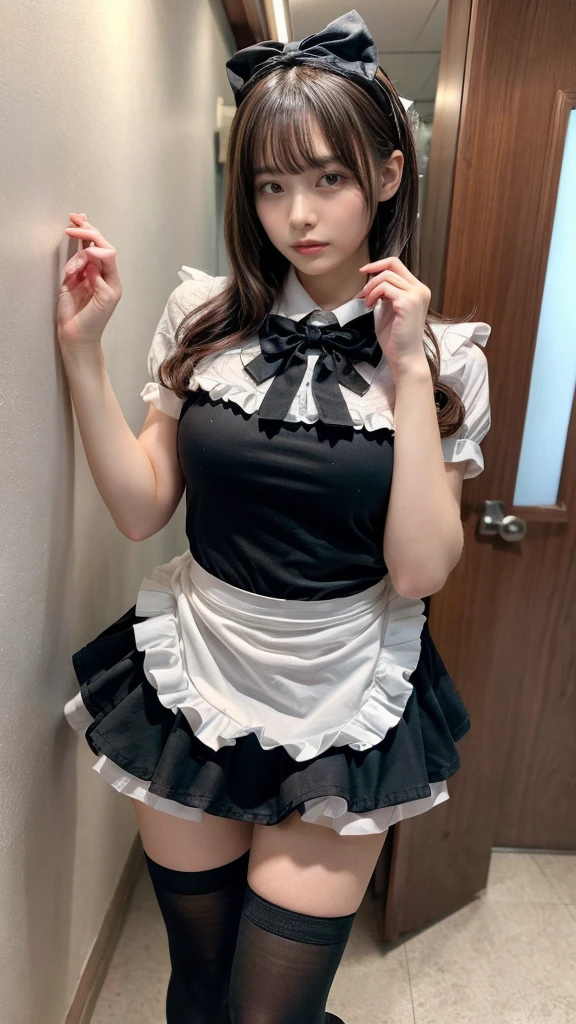 muste piece, best quality, illustration, Super detailed, fine details, High resolution, 8K,wall paper, perfect dynamic composition,(Details High quality, realistic depiction of eyes:1.3), short hair, (wavy hair:1.2), huge breasts, hotel room, (bow ribbon, Maid, knee high socks:1.3), Aside Cutter Shirt, frill skirt, huge breasts, ponytail, black hair color, Big Natural Color Lip, perfect body shape, bold sexy pose, crying a little、cold gaze, Harajuku style、20 year old girl、cute type、ta、beautiful legs, full body photo、focus on crotch, hposing Gravure Idol