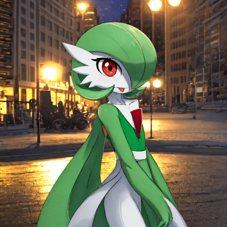 best quality, Gardevoir, pokemon, 1girl, solo, short height, red eyes, green hair, beautiful, small mouth, wink, slim, cute, slender body, looking at viewer, blurry background, outdoors, city, half body, long dress, slim, ((masterpiece)), best quality, 4k, cinematic lighting, ray tracing, reflected light, panorama, flat chest, high detailed illustration, high detailed background, hi-res, pokemon \(creature\), slim legs, small feet, tongue out, white legs