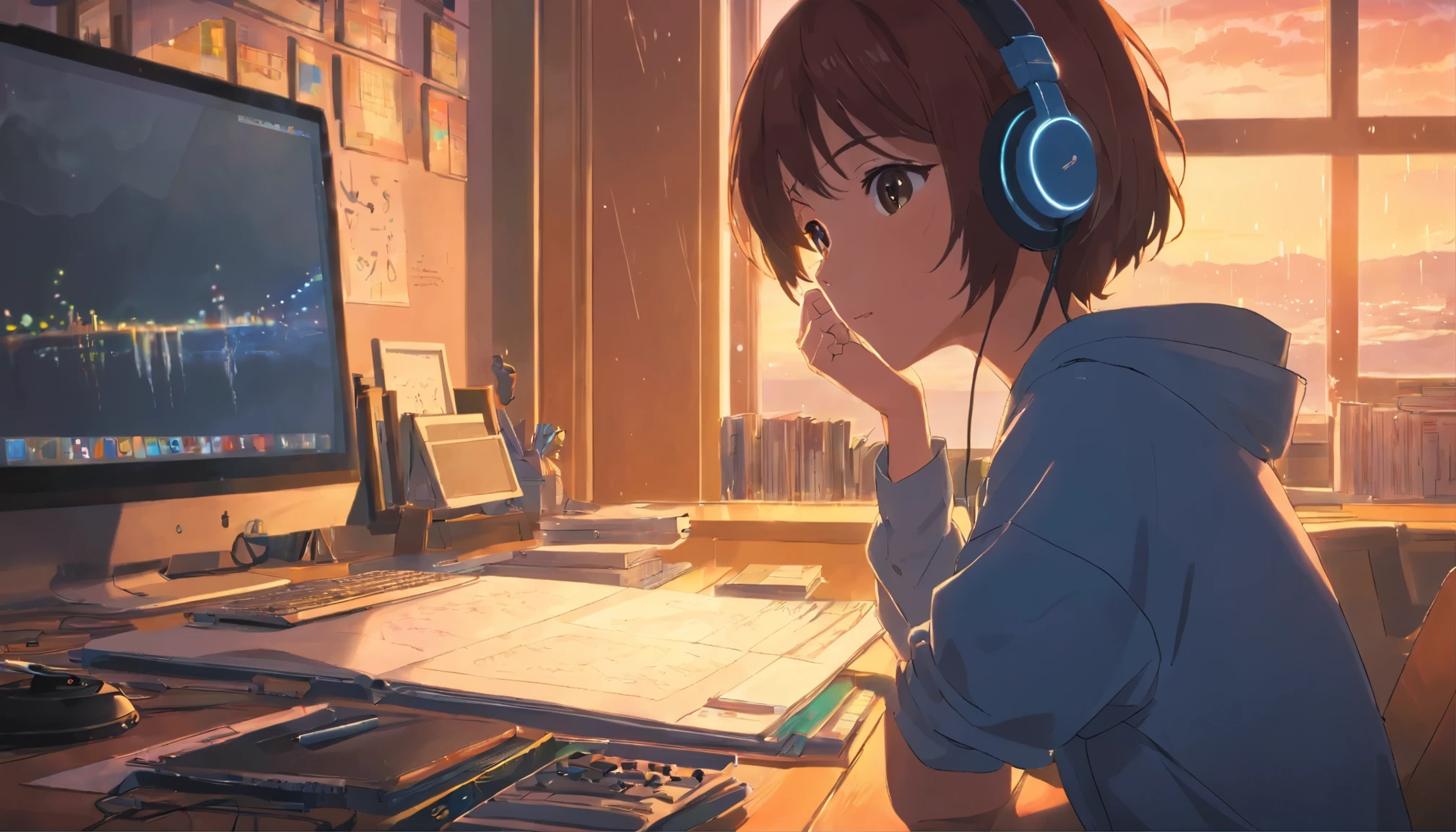 ((Top Quality)), ((Masterpiece)), (Details)
, studying in her room in the rain listening to music with headphones, beautiful emotional girl, computer on the desk, eyes on the screen