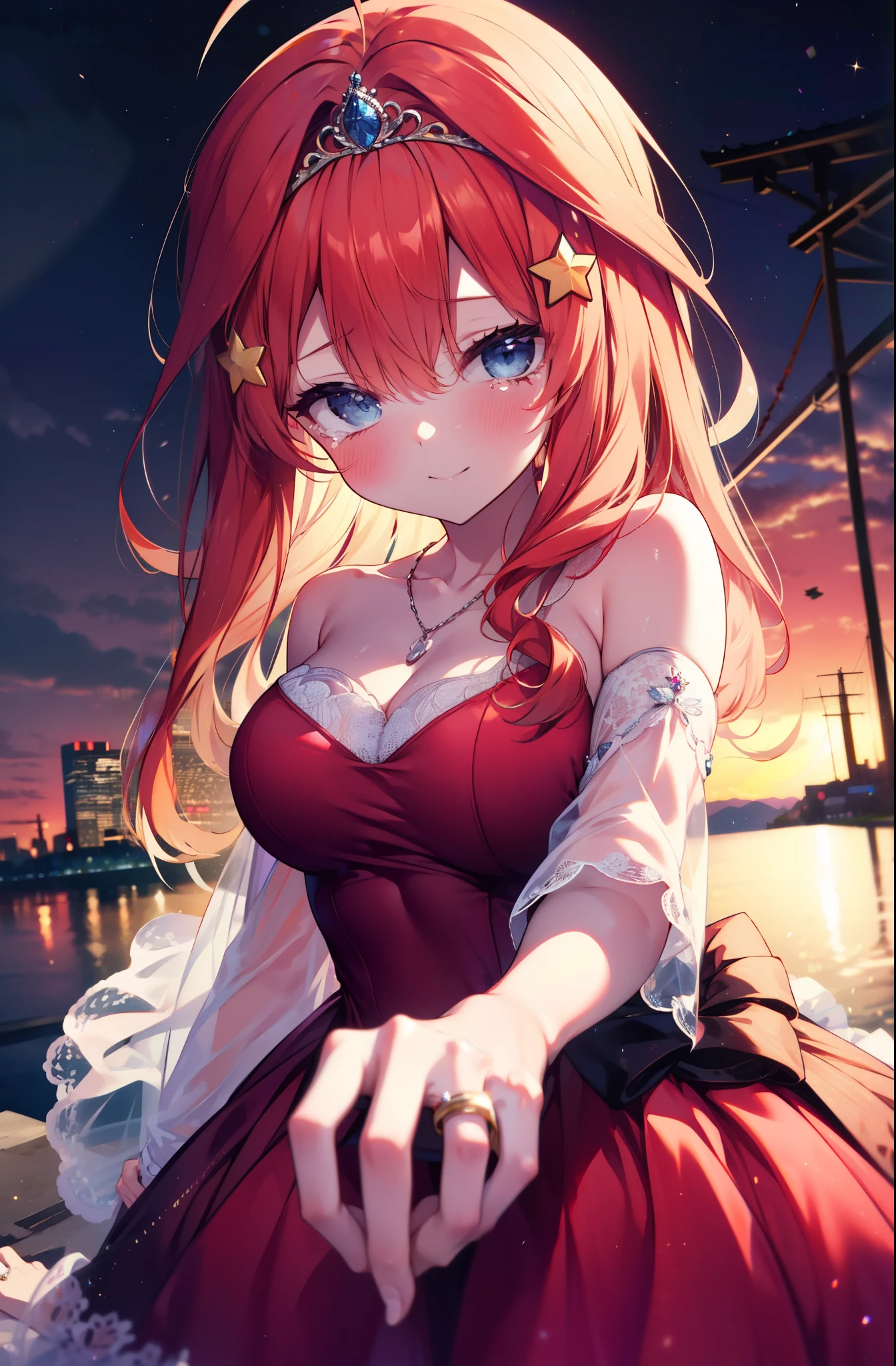 itsukinakano, Itsuki Nakano, bangs, blue eyes, Hair between the eyes, Ahoge, Redhead, star \(symbol\), hair ornaments, tiara,star hair ornaments,smile,blush,Red dress,Long skirt,Red Pin Heel,No sleeve,Expose your shoulders,Bare arms,Bare neck,bare clavicle,He is wearing a wedding ring on his left ring finger,Heart Necklace,Tears stream down her face,Tears of joy,I cry a lot,Romantic night view,moonlight,
break outdoors, hill,
break looking at viewer, (Cowboy Shot:1.5),
break (masterpiece:1.2), highest quality, High resolution, unity 8k wallpaper, (shape:0.8), (Beautiful details:1.6), Highly detailed face, Perfect lighting, Highly detailed CG, (Perfect hands, Perfect Anatomy),