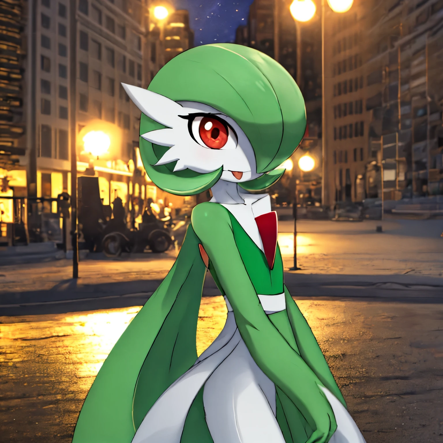 best quality, Gardevoir, pokemon, 1girl, solo, short height, red eyes, green hair, beautiful, small mouth, wink, slim, cute, slender body, looking at viewer, blurry background, outdoors, city, half body, long dress, slim, ((masterpiece)), best quality, 4k, cinematic lighting, ray tracing, reflected light, panorama, flat chest, high detailed illustration, high detailed background, hi-res, pokemon \(creature\), slim legs, small feet, tongue out, white legs