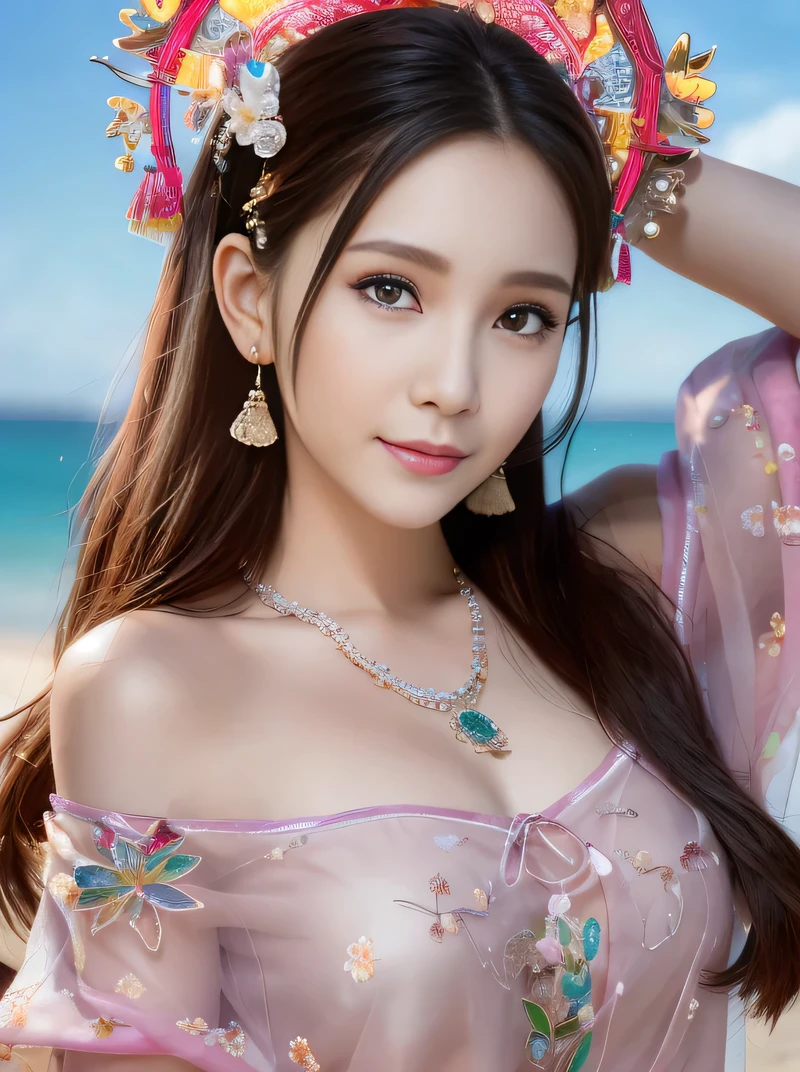 (best quality:1.1) ,(photorealistic:1.1), (photography:1.1), (highly detailed:1.1), looking at viewer,armlet, Jade bracelet, eyelashes, happy, medium breasts,beautiful detailed girl, (extremely detailed eyes and face), (lighting on face),necklace,Colorful clothes, [chinese clothes],[off shoulder], (solo:1.2), sandbeach,sand,Standing by the seaside, summer, (beautiful detailed sky),seethru,