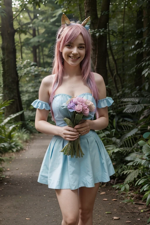 blue unicorn woman, little green skirt, pink hair, mocking smile, holding a bouquet of flowers in one hand, full body, facing the camera in an enchanting forest