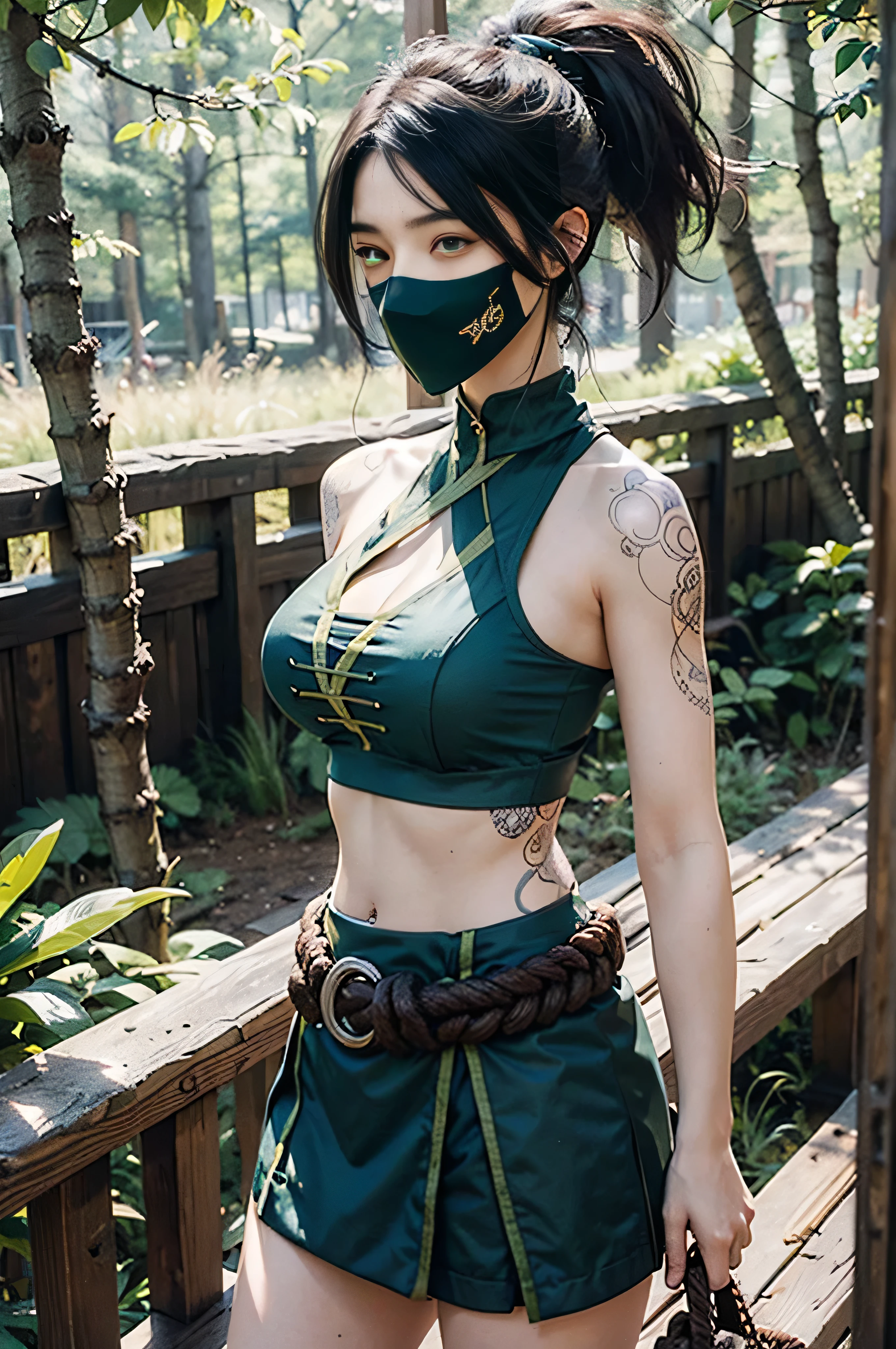 Akali, League of Legends, Ultra-realistic 8K CG, masterpiece, ((Very detailed background, Delicate pattern, Intricate details)), (Very detailed, The finer details, ), (Beautiful details: face, eyes and hair: 1.1) Martial Arts Master, Calm, surrounded by nature, Secrets of the forest, Abdominal muscles, arm tattoo, bangs, shirt, Big Breasts, Thick legs, green shirt, Hair between the eyes, Short skirt, long bangs, Long Hair, mask, Ninja, ponytail, Rope strap, Belt Bag, shirt, alone, Stomach tattoo, tattoo