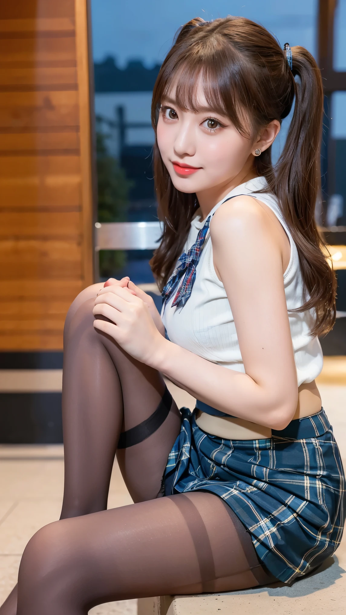 8k), (highest quality: 1.2), (Realistic), (Realistic: 1.37), Ultra-high resolution, (1 girl), cute, A shy smile, Mouth closed,Red cheeks with embarrassment, Beautiful details, Beautiful Nose, Black twin tails,Giant Dulcefo, pork,Self Snap,University Uniforms,Light blue sleeveless shirt,Pleated skirt,(The skirt is tartan check pattern....:1.3),(Sitting:1), Sitting on the ground in the city at night,(Hug my feet:1), (shiny beige pantyhose:1.2),From below,