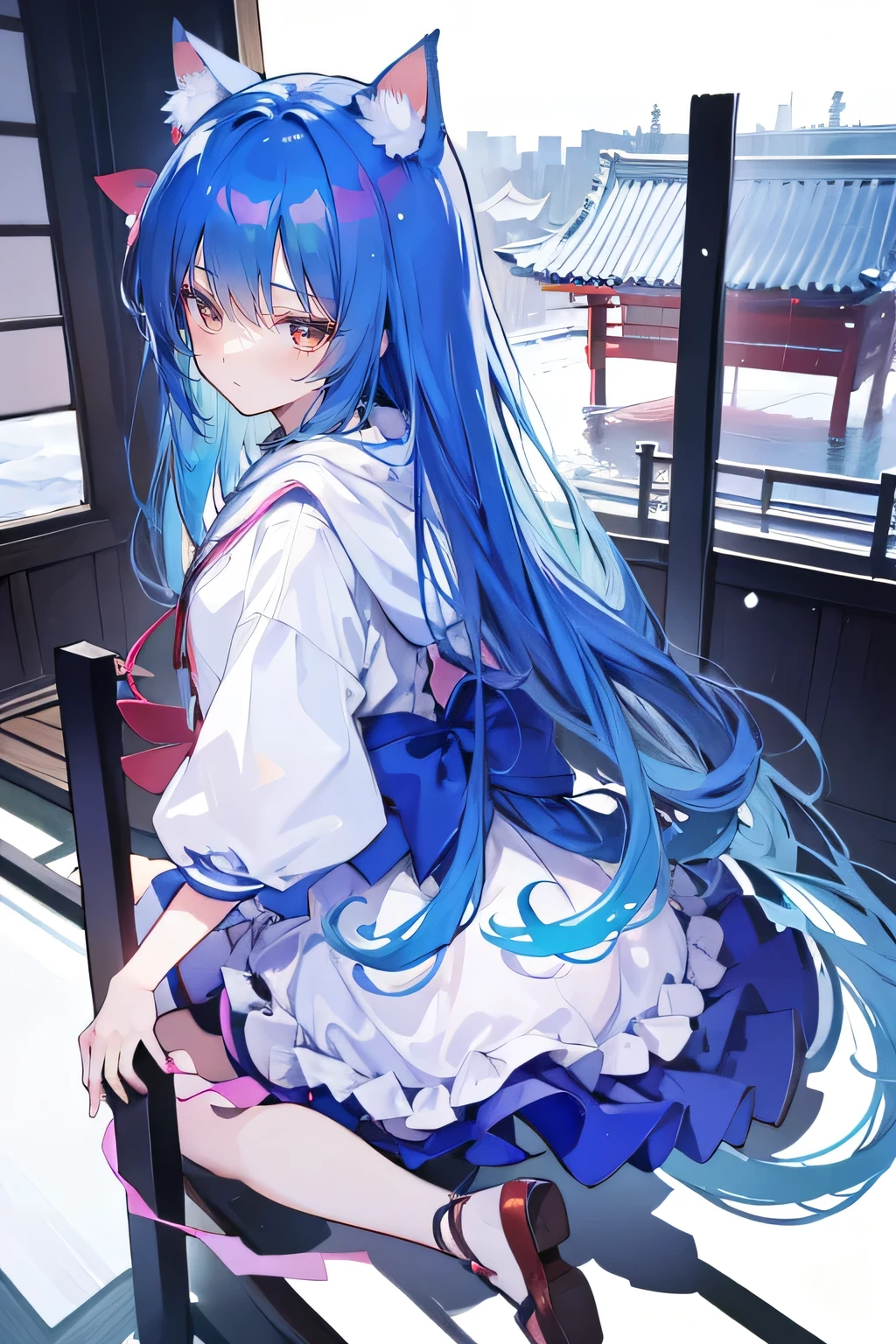 (masterpiece:1.2),Super detailed,lifelike,Expressive eyes,fair skin,perfect face shape,1 girl,
Japanese comics,Gorgeous blue hair,flowing blue hair,flowing clothes,Cat ears,Petals fall,beautiful lola,Baby Angel,
Shaking head with one hand,Cross your legs,Gentle and peaceful background,The pavilion is cool and comfortable,smile, wearing hoodie, background of tokyo,back views,snowing, winter.