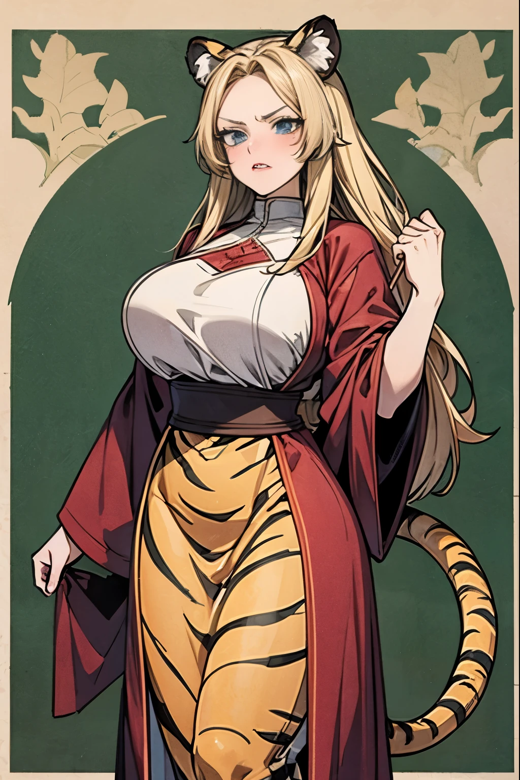 (tiger ear, tiger tail), heavy busty, tiger, angry, long pig tail hair, blonde, medieval clothes,  medieval background