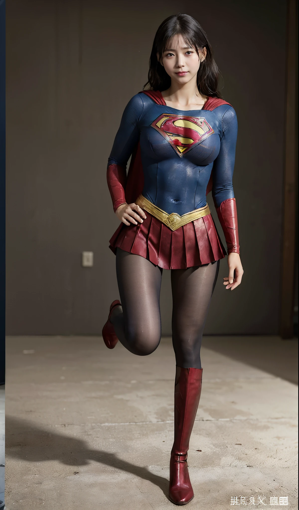 No background、(((Beautiful legs in black tights.)))、(((Legally express the beauty of your smile)))、((((Make the most of your original images)))、(((Supergirl Costume)))、(((Beautiful Hairstyles)))、(((suffering)))、(((Please wear black tights....、Wear red boots)))、((Best image quality、8k))、((highest quality、8k、masterpiece:1.3))、(((Preserve background )))、Sharp focus:1.2、Beautiful woman with perfect figure:1.4、Slim Abs:1.2、Wet body:1.5、Highly detailed face and skin texture、8k