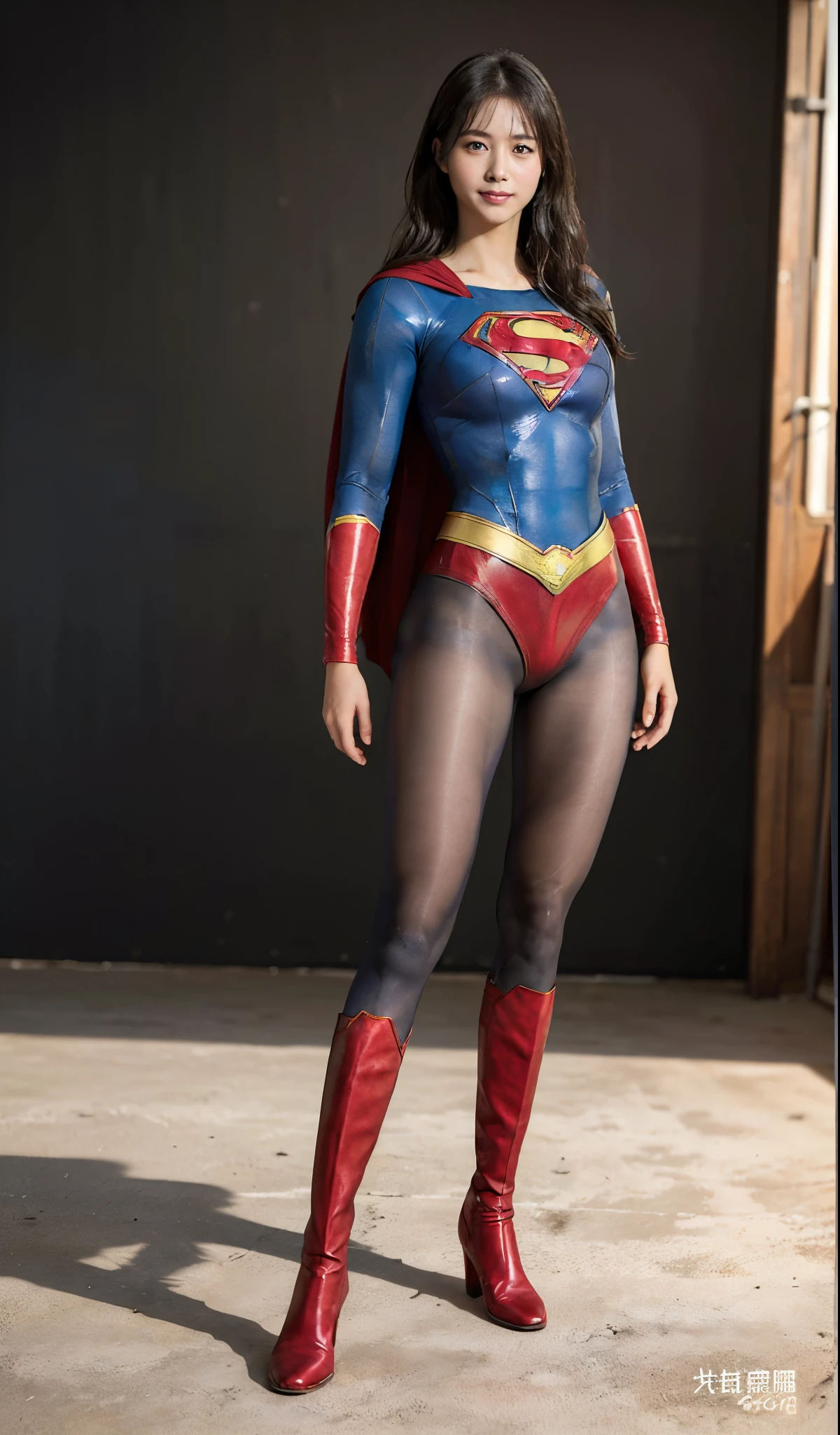 No background、(((Beautiful legs in black tights.)))、(((Legally express the beauty of your smile)))、((((Make the most of your original images)))、(((Supergirl Costume)))、(((Beautiful Hairstyles)))、(((suffering)))、(((Please wear black tights....、Wear red boots)))、((Best image quality、8k))、((highest quality、8k、masterpiece:1.3))、(((Preserve background )))、Sharp focus:1.2、Beautiful woman with perfect figure:1.4、Slim Abs:1.2、Wet body:1.5、Highly detailed face and skin texture、8k