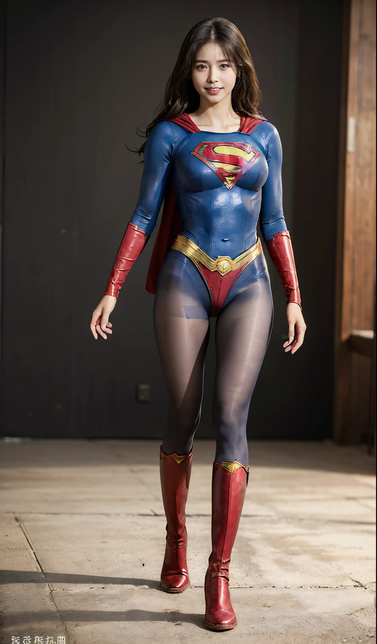 No background、(((Beautiful legs in black tights.)))、(((Legally express the beauty of your smile)))、((((Make the most of your original images)))、(((Supergirl Costume)))、(((Beautiful Hairstyles)))、(((suffering)))、(((Please wear black tights....、Wear red boots)))、((Best image quality、8k))、((highest quality、8k、masterpiece:1.3))、(((Preserve background )))、Sharp focus:1.2、Beautiful woman with perfect figure:1.4、Slim Abs:1.2、Wet body:1.5、Highly detailed face and skin texture、8k