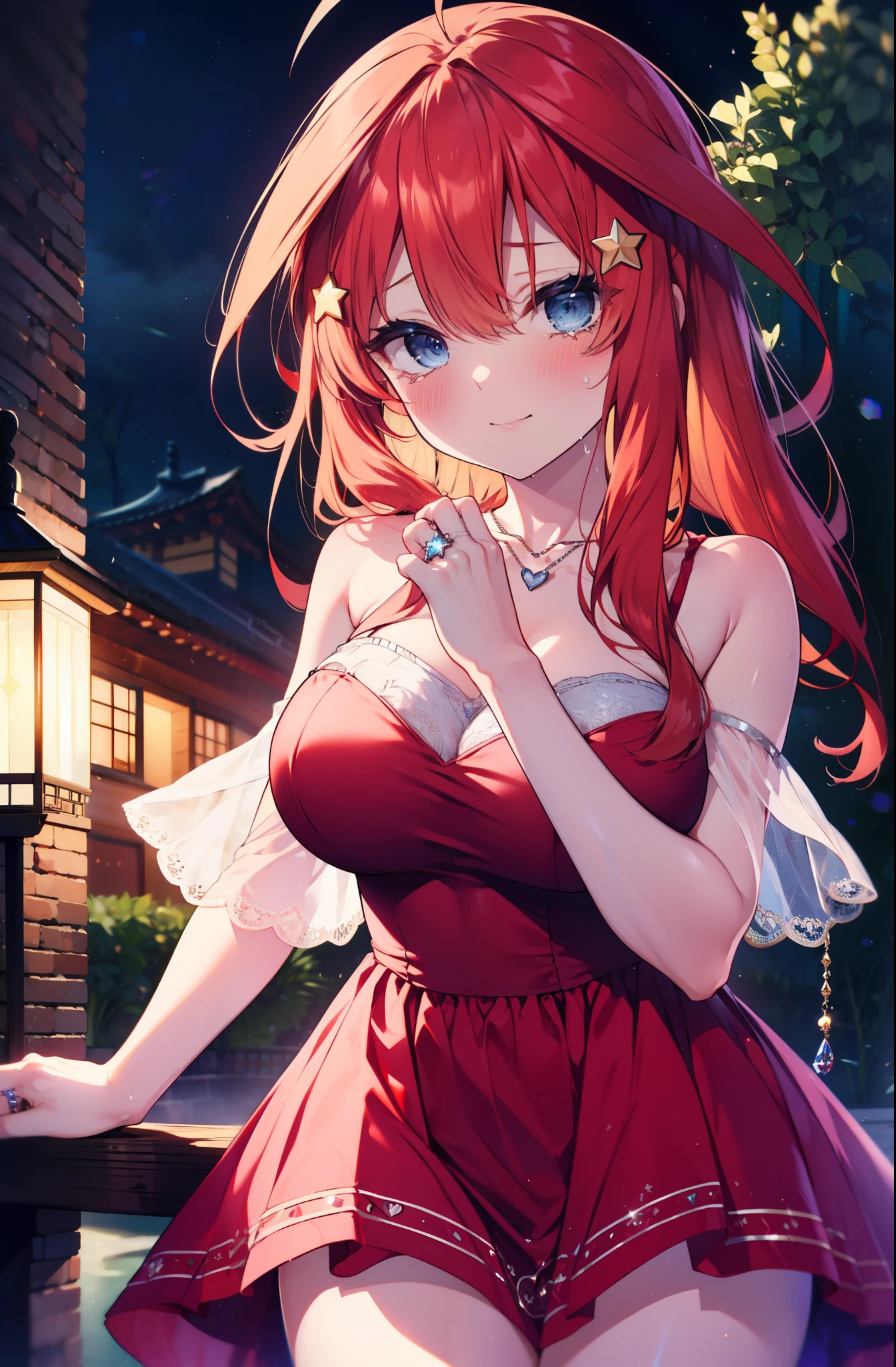 itsukinakano, Itsuki Nakano, bangs, blue eyes, Hair between the eyes, Ahoge, Redhead, star \(symbol\), hair ornaments, tiara,star hair ornaments,smile,blush,Red dress,Long skirt,Red Pin Heel,No sleeve,Expose your shoulders,Bare arms,Bare neck,bare clavicle,He is wearing a wedding ring on his left ring finger,Heart Necklace,Tears stream down her face,Tears of joy,I cry a lot,Romantic night view,moonlight,
break outdoors, hill,
break looking at viewer, (Cowboy Shot:1.5),
break (masterpiece:1.2), highest quality, High resolution, unity 8k wallpaper, (shape:0.8), (Beautiful details:1.6), Highly detailed face, Perfect lighting, Highly detailed CG, (Perfect hands, Perfect Anatomy),