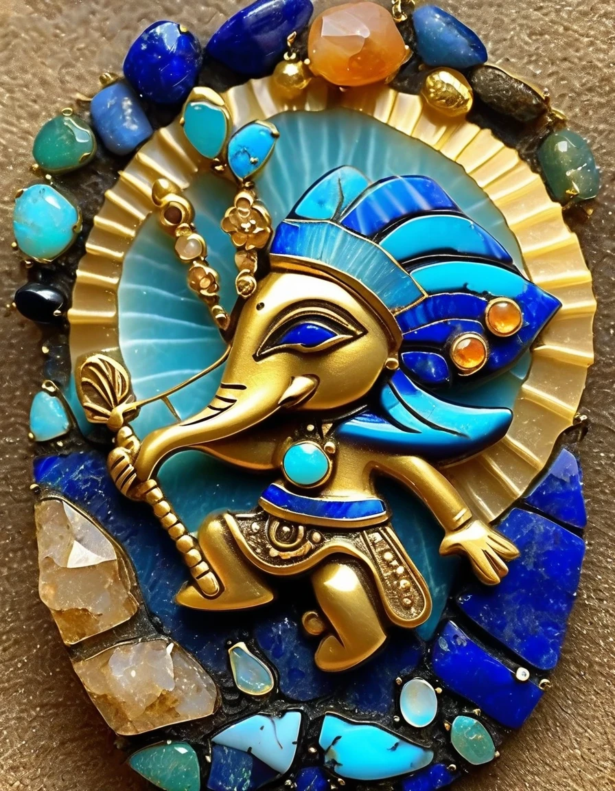 Abstract Indian totem rain god Kokopelli god image ring design，Little man playing the flute，The main stone is an irregular blue gradient opal，Indian elements，The matching stones are small amounts of lapis lazuli and turquoise，Clams，bead，gem，Retro，Old，Soft Light