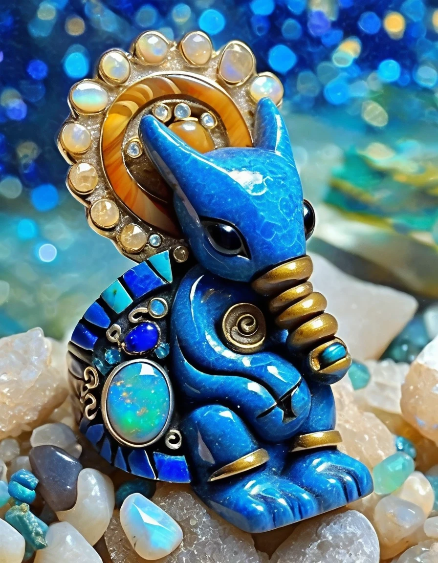 Abstract Indian totem rain god Kokopelli god image ring design，Little man playing the flute，The main stone is an irregular blue gradient opal，Indian elements，The matching stones are small amounts of lapis lazuli and turquoise，Clams，bead，gem，Retro，Old，Soft Light