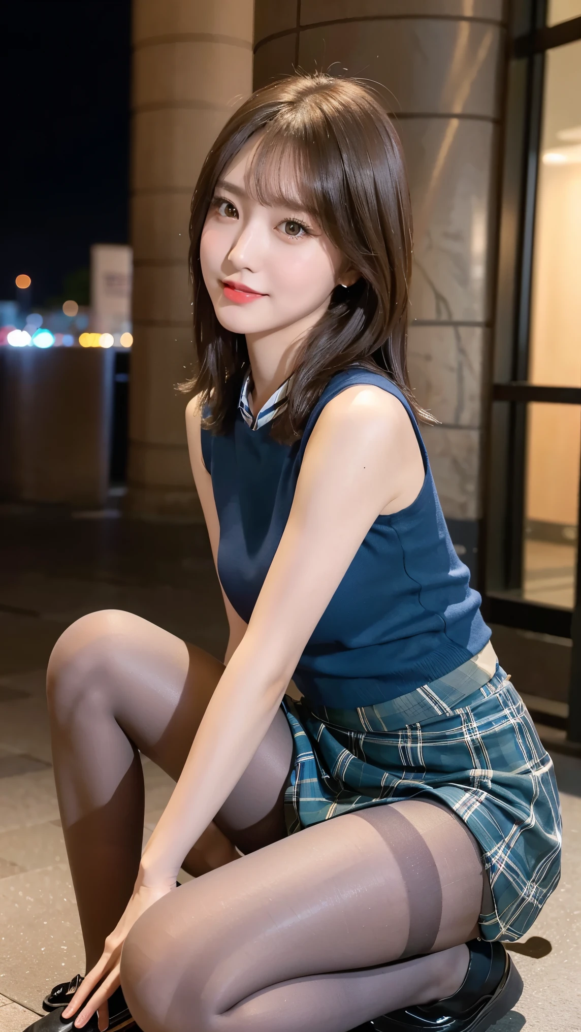 8k), (highest quality: 1.2), (Realistic), (Realistic: 1.37), Ultra-high resolution, (1 girl), cute, A shy smile, Mouth closed,Red cheeks with embarrassment, Beautiful details, Beautiful Nose, Black straight hair,Giant Dulcefo, pork,Self Snap,University Uniforms,(Light blue sleeveless shirt:1.2),Pleated skirt,(The skirt is tartan check pattern....:1.3),(Sitting:1), Sitting on the ground in the city at night,(Hug my feet:1), (shiny beige pantyhose:1.2),From below,