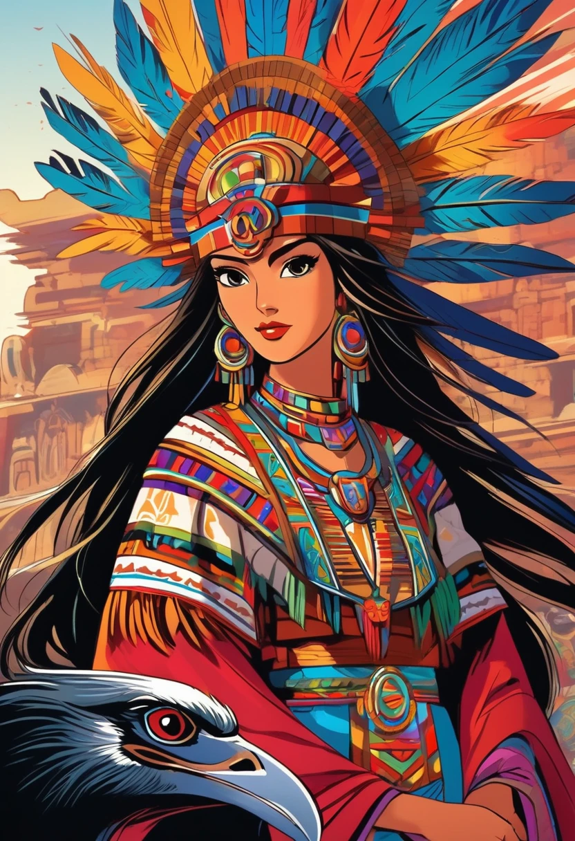 accurate, detailed and vivid depiction of ancient Aztec civilization and Mexico), beautifully rendered woman in traditional attire, using high quality anime japanese technique vivid colors, stunning background, vibrant atmosphere-dark eyed raven haired highly detailed dress