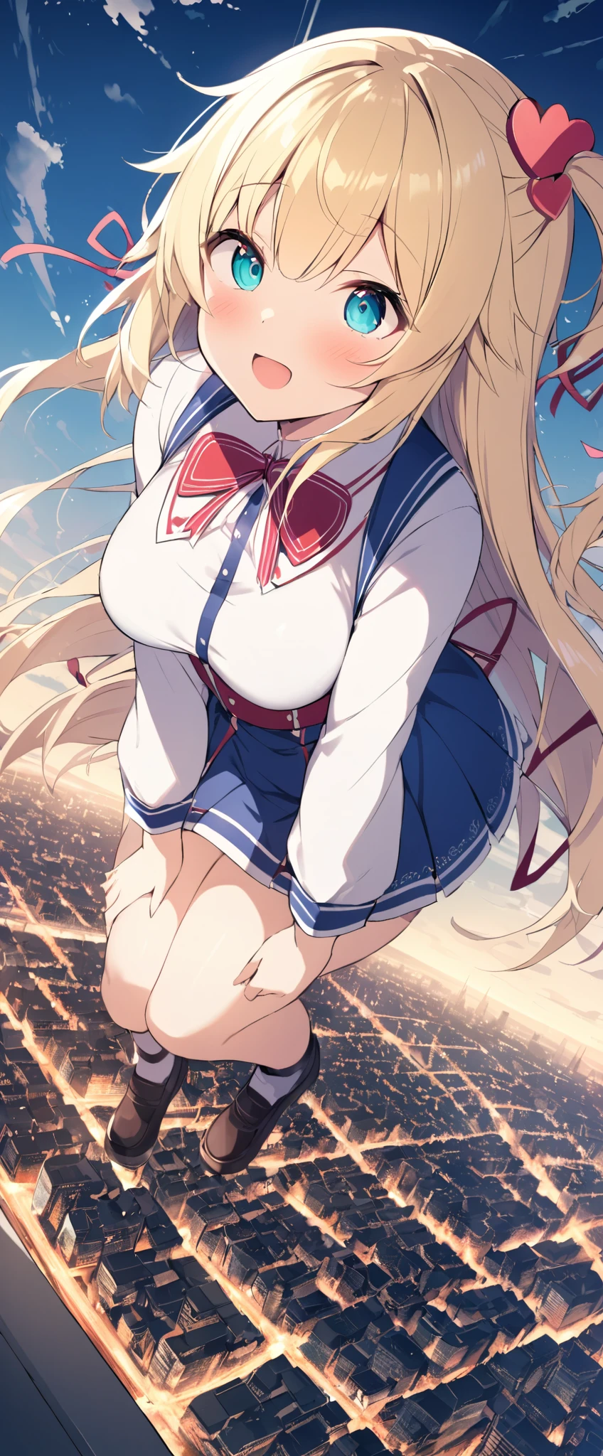 akaihaato,fly in the sky,Above the City,effect,Blonde,Long Hair,heart hair ornament,short left one side up,((hair ribbon)),eyebrows visible through hair