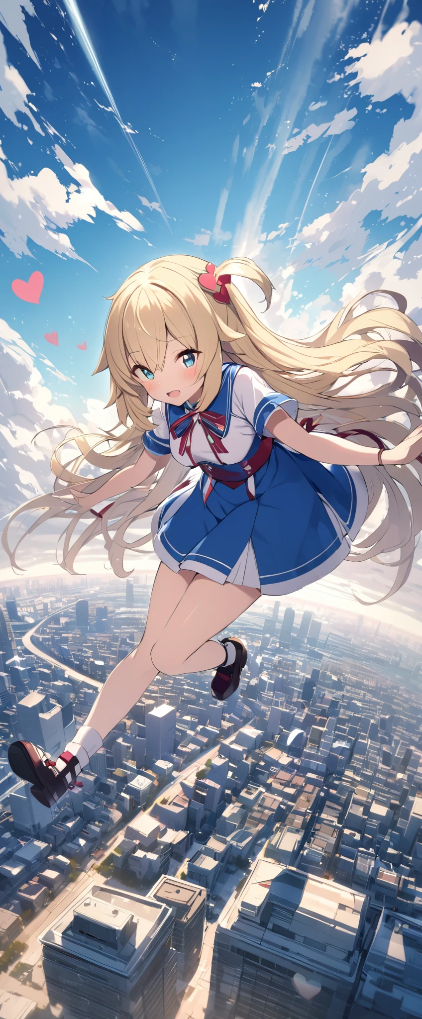 akaihaato,fly in the sky,Above the City,effect,Blonde,Long Hair,heart hair ornament,short left one side up,hair ribbon,eyebrows visible through hair