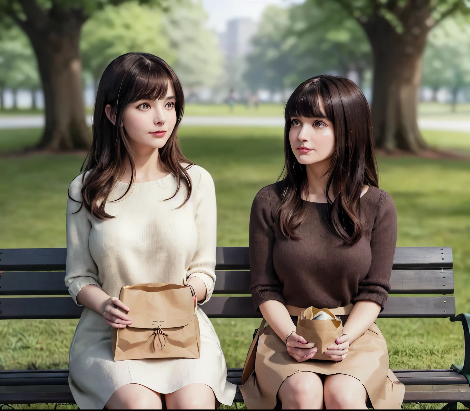 2lady, Sit on it (Bench end), (Office staff outfit) fashionable, Mature female, /(Brown hair/) Bangs, (Looking at the phone), (Masterpiece Best Quality:1.2) Exquisite illustrations with rich details, large breasts rest /(Black Hair/) Bangs, (Staring into the distance) rest ((Simple paper bag:1.2) Sitting in the middle of the bench) rest (Ordinary city park) outdoor, (green landscape), noon, Detailed background