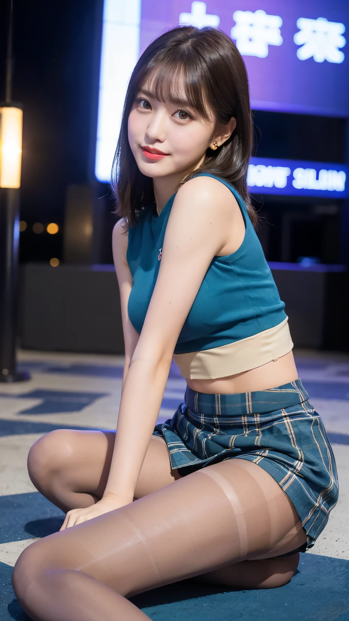 8k), (highest quality: 1.2), (Realistic), (Realistic: 1.37), Ultra-high resolution, (1 girl), cute, A shy smile, Mouth closed,Red cheeks with embarrassment, Beautiful details, Beautiful Nose, Black straight hair,Giant Dulcefo, pork,Self Snap,University Uniforms,(Light blue sleeveless shirt:1.2),Pleated skirt,(The skirt is tartan check pattern....:1.3),(Sitting:1), Sitting on the ground in the city at night,(Hug my feet:1), (shiny beige pantyhose:1.2),From below,Big Breasts,Facing forward