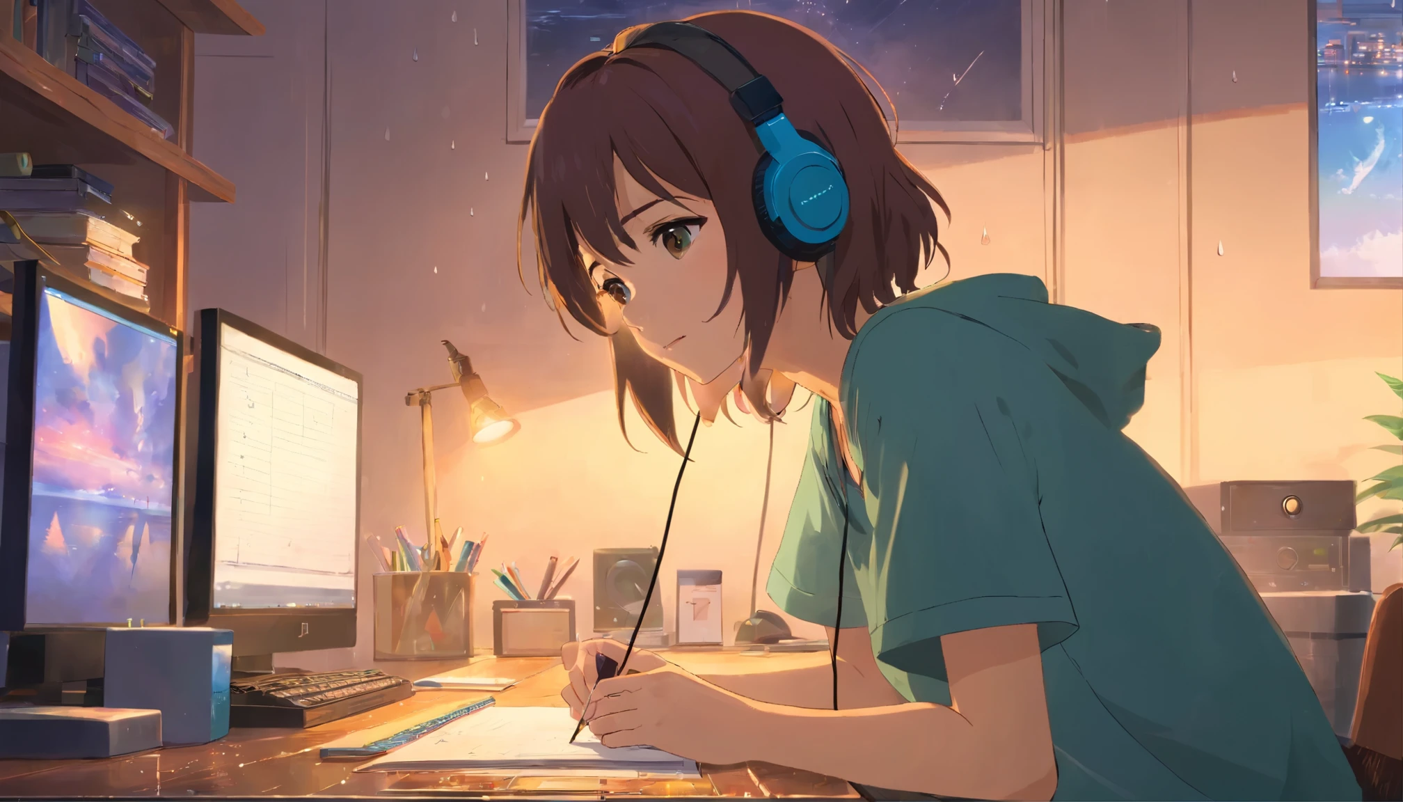 ((Top Quality)), ((Masterpiece)), (Details)
, studying in her room in the rain listening to music with headphones, beautiful emotional girl, computer on the desk, eyes on the screen
