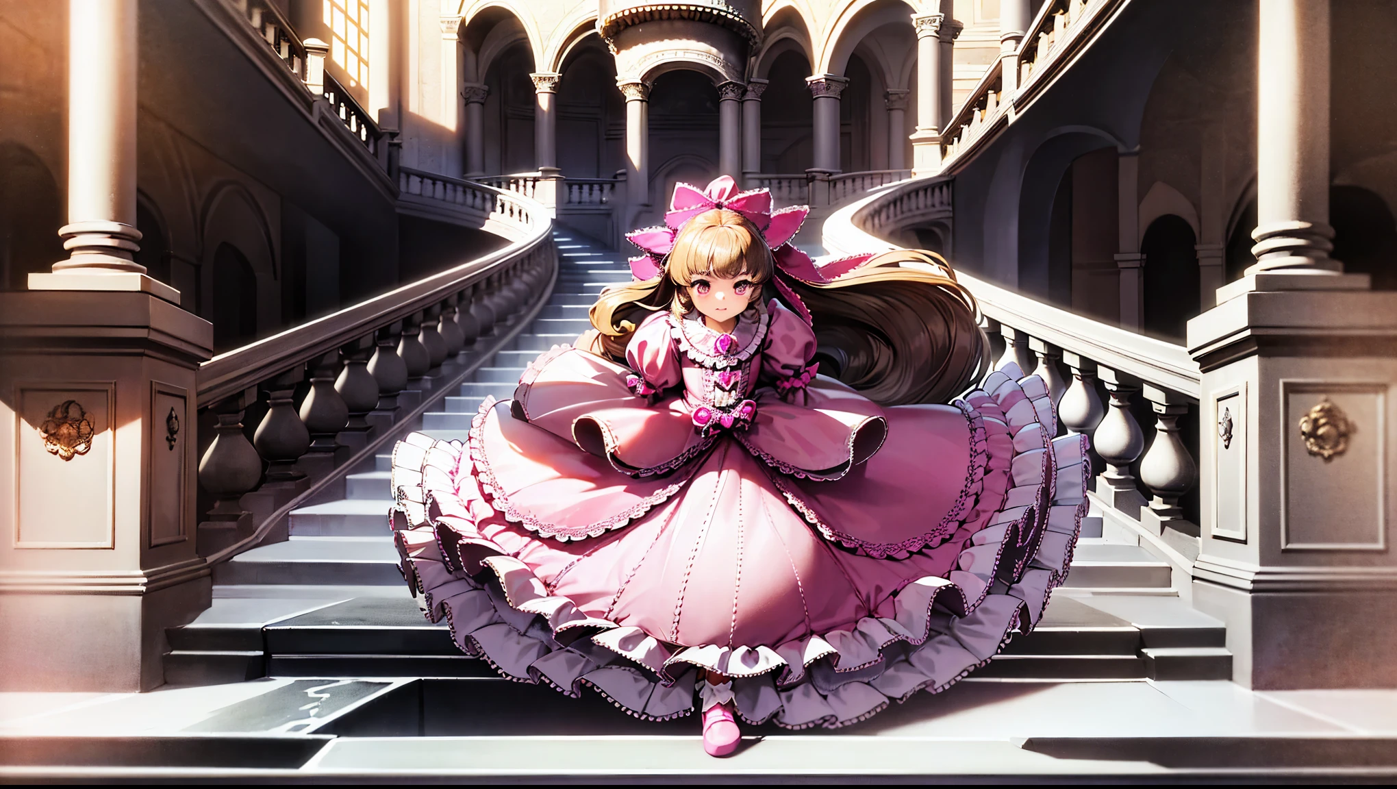 ,highest quality, masterpiece, Highest Resolution, artwork, super それにGet used to it, many Get used to it, Get used to it, それにGet used to it, ,,((10-year-old girl)),Super detailed baby face,Princess、Full-length ball gown dress with hoop skirt,Frilled yoke collar,Ribbon woven on chest,Puff sleeves,Long sleeve,((Lolita style hot pink detailed princess satin dress、Lots of frills and ribbons。)),crazy'Colorful Fashion,Shiny silk satin dress,Soft and smooth silk satin fabric,luxury,Long blonde hair,blue eyes,White skin European,pajamas,Gorgeous flowing dress,Fine white ruffles and lace,((((An illustration of a princess running down the stairs of a luxurious European castle)))),