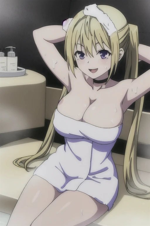 sky_t7,Open your mouth,Thighs,
Highly detailed 8k wallpaper,
masterpiece,highest quality,One girl,alone,Nice hands,Good move,Mischievous smile,hot spring,((bath towel:1.3)),bathing,Place your arms behind your head,Blonde twin tails,Large Breasts