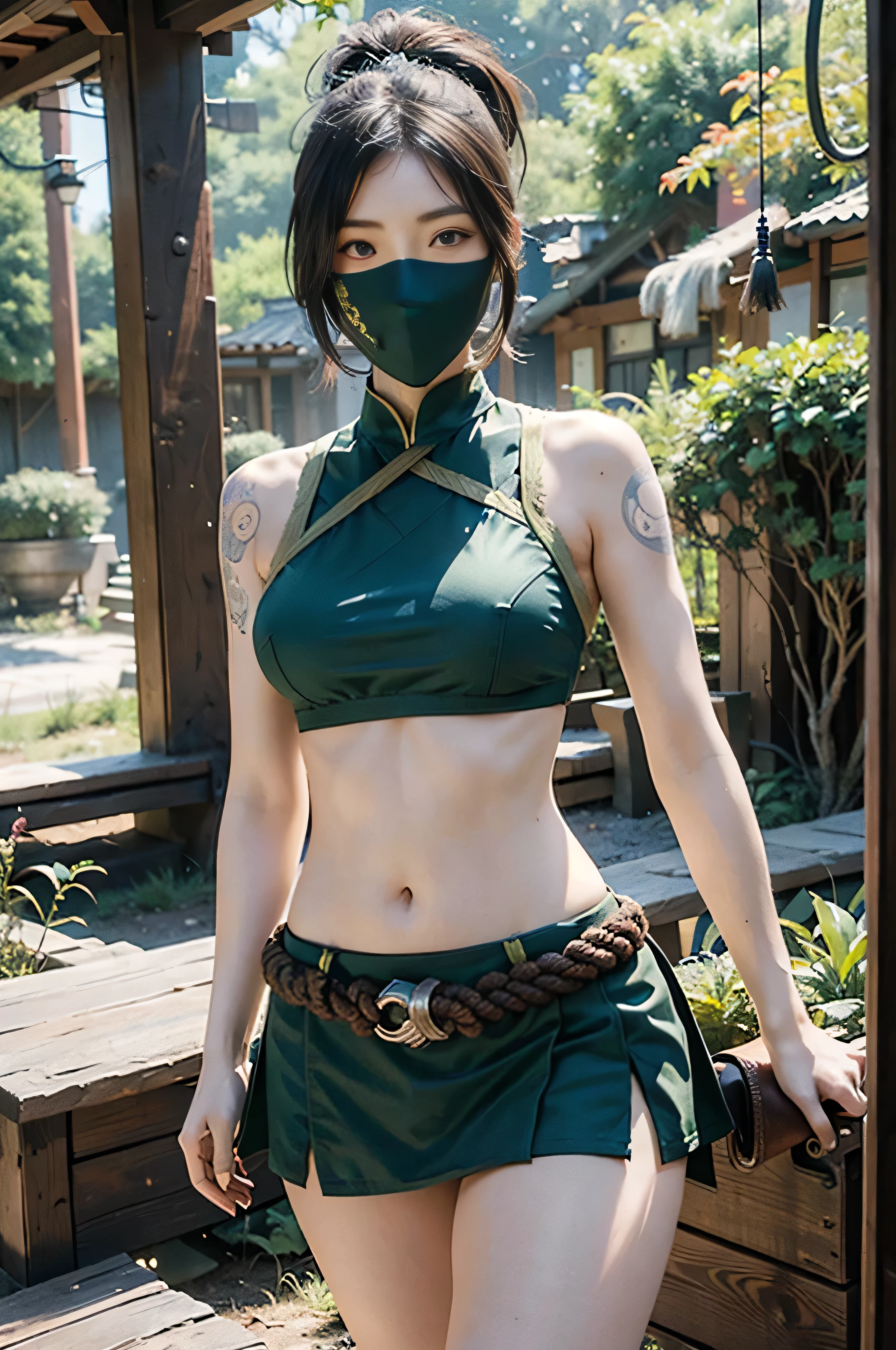 Akali, League of Legends, Ultra-realistic 8K CG, masterpiece, ((Very detailed background, Delicate pattern, Intricate details)), (Very detailed, The finer details, ), (Beautiful details: face, eyes and hair: 1.1) Martial Arts Master, Calm, surrounded by nature, Secrets of the forest, Abdominal muscles, arm tattoo, bangs, shirt, Big Breasts, Thick legs, green shirt, Hair between the eyes, Short skirt, long bangs, Long Hair, mask, Ninja, ponytail, Rope strap, Belt Bag, shirt, alone, Stomach tattoo, tattoo