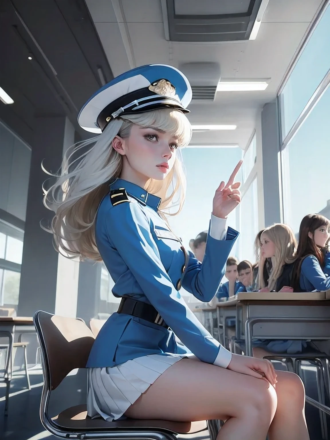 superflat, flat shading, flat colors, (masterpiece:1.2, best quality), (closeup), (2women:1.4), teen, slim, (white military outfit), pleated skirt, military hat, space cadet, sitting by desk, in classroom, put head on hand, bored, classmates in background, (spaceship interiors), futuristic, cosmos, watercolor