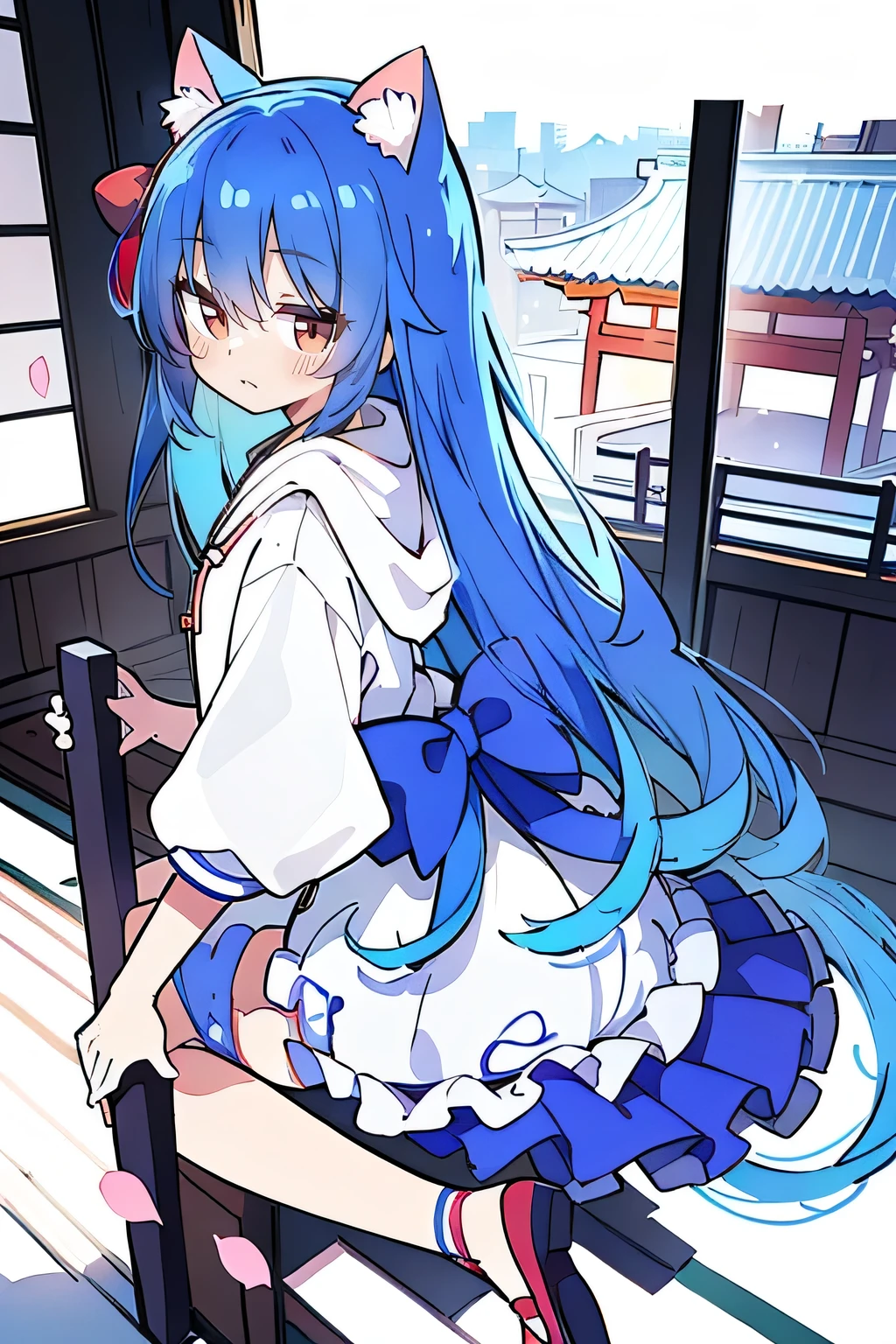 (masterpiece:1.2),Super detailed,lifelike,Expressive eyes,fair skin,perfect face shape,1 girl,
Japanese comics,Gorgeous blue hair,flowing blue hair,flowing clothes,Cat ears,Petals fall,beautiful lola,Baby Angel,
Shaking head with one hand,Cross your legs,Gentle and peaceful background,The pavilion is cool and comfortable,smile, wearing hoodie, background of tokyo,back views,snowing, winter.