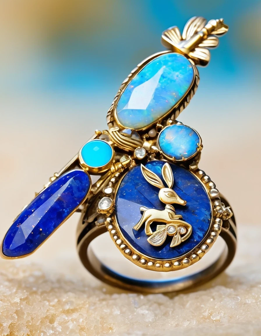 Ring design，Abstract Indian totem Kokopelli god image，Little man playing the flute，The main stone is an irregular blue gradient opal，Indian elements，The matching stones are small amounts of lapis lazuli and turquoise，Clams，bead，gem，Retro，Old，Soft Light