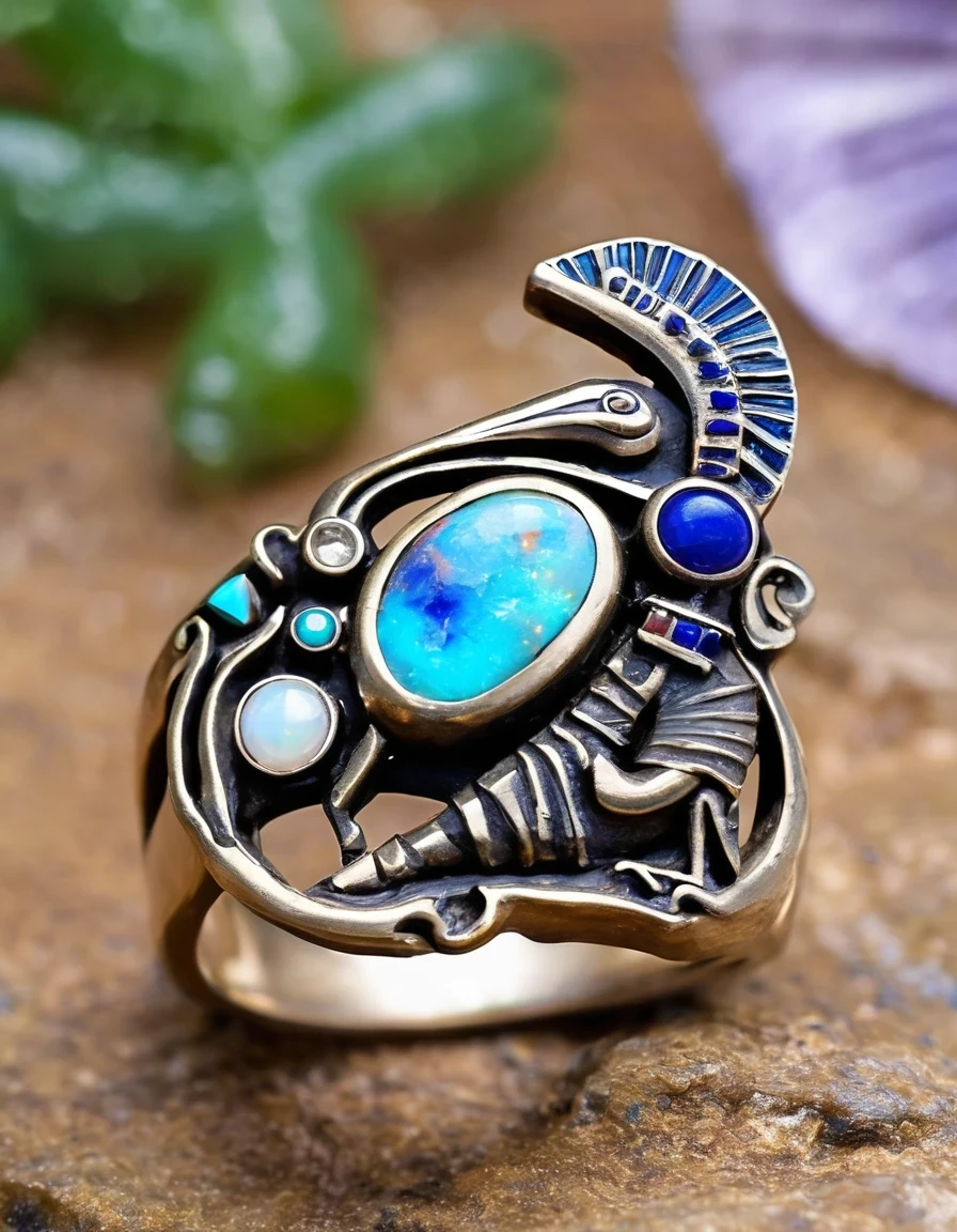 Indian totem rain god Kokopelli god abstract ring design，Little man playing the flute，The main stone is an irregular opal，Indian elements，The matching stones are small amounts of lapis lazuli and turquoise，Clams，bead，gem，Retro，Old，Soft Light