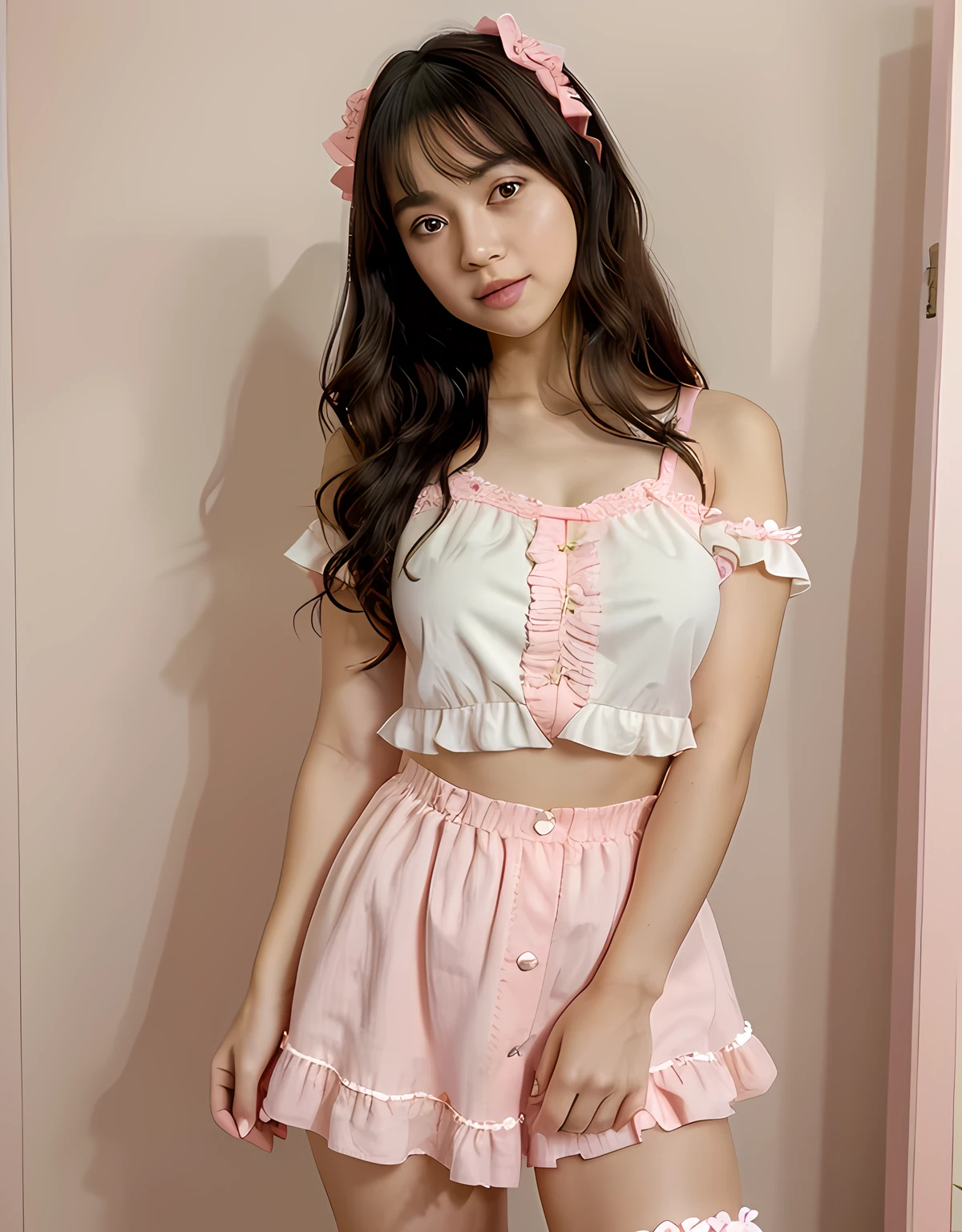 azhiichigo style,big eyes, thick lines, cute,,uekura.KoiKo,,upper body,.\(Style\):kawaii style,,..\(Composition\):\1girl,,..\(Appearance\): Consistency,naughty face,smile,wavy hair,dark hair,crimson eye,..\(Clothing\):,(Clothes with lots of frills, lace and ribbons:1.2),(pastel color style:1.1),hand on hip,cheeky face,white and pink clothes,white and pink shoes,,..\(Behavior\):,..\(Location\): (surround,heart-shaped gem, starry heart),,..\(Quality\): best quality,masterpiece,,.,