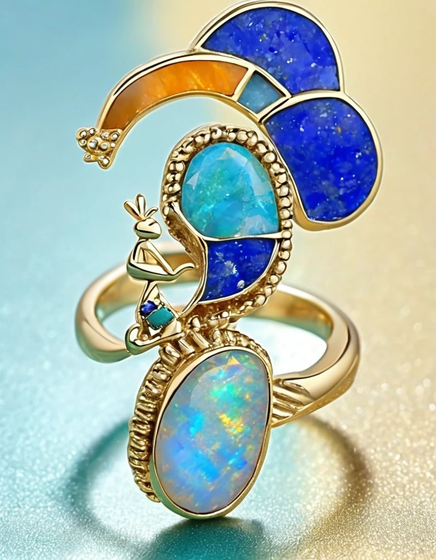 Abstract Indian totem Kokopelli god minimalist ring design，Little man playing the flute，The main stone is an irregular blue gradient opal，Indian elements，The matching stones are small amounts of lapis lazuli and turquoise，Clams，bead，gem，Retro，Old，Soft Light