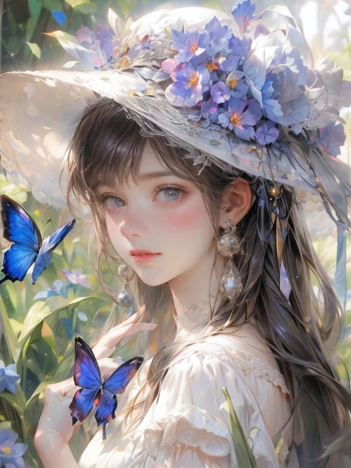 masterpiece:1.2,highest quality, 16k, ultra-realistic:1.37, beautiful detailed, cute girl, standing stylish sun shade formal hat with ribbon and vibrant colors irises ornaments, through bangs, long eyelash, sparkling eyes, shining lips, gently smile, beautiful delicate(hat, ornament, hair, face, eyelash, eyes, pupils, lips, hands, white dress), garden(flowers, irises, butterfly, pond)
