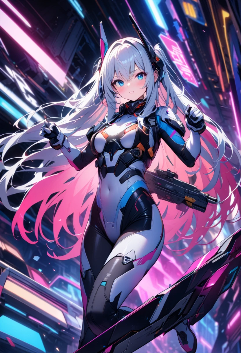 High quality, high definition images, full HD、
8k.1 girl( white long hair),Futuristic fighter pilot,blue and white pilot suit,blue eyes,Colorful neon lights on the suit,white long modern rifle holding it with both hands,dynamic pose