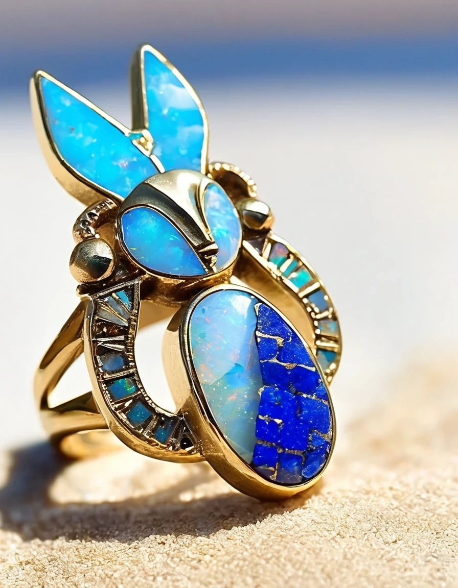 Abstract Indian totem Kokopelli god minimalist ring design，Little man playing the flute，The main stone is an irregular blue gradient opal，Indian elements，The matching stones are small amounts of lapis lazuli and turquoise，Clams，bead，gem，Retro，Old，Soft Light